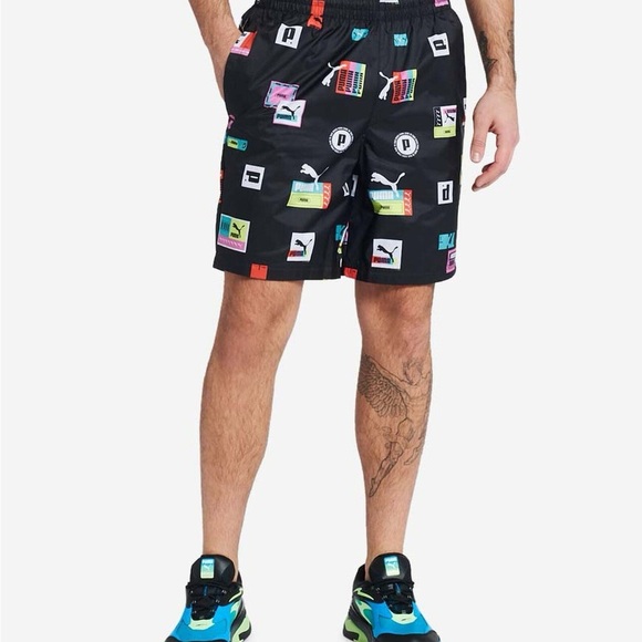 PUMA Men's Multi All Over Logo Sportswear Active Performance Gym Black Shorts - Picture 4 of 13